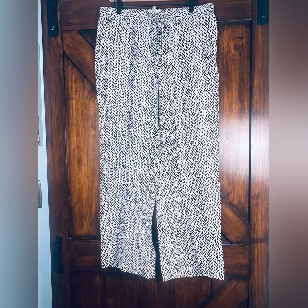 JM Collection Women 12 Black White Print 100% Linen Wide Leg Drawstring Pants